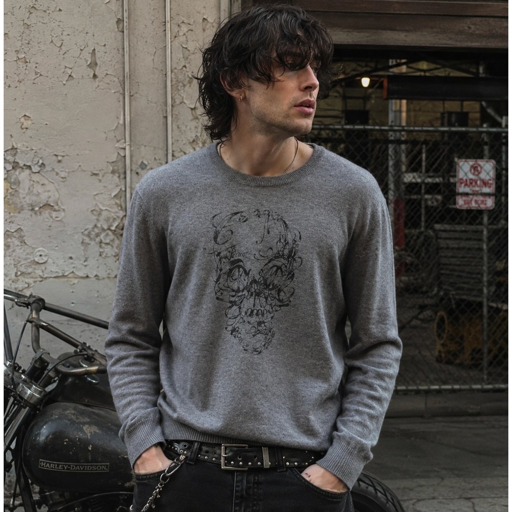 Lucky Brand Men's XL Sweater Skull Peace Sign Graphic Y2K Wool Blend Pullover